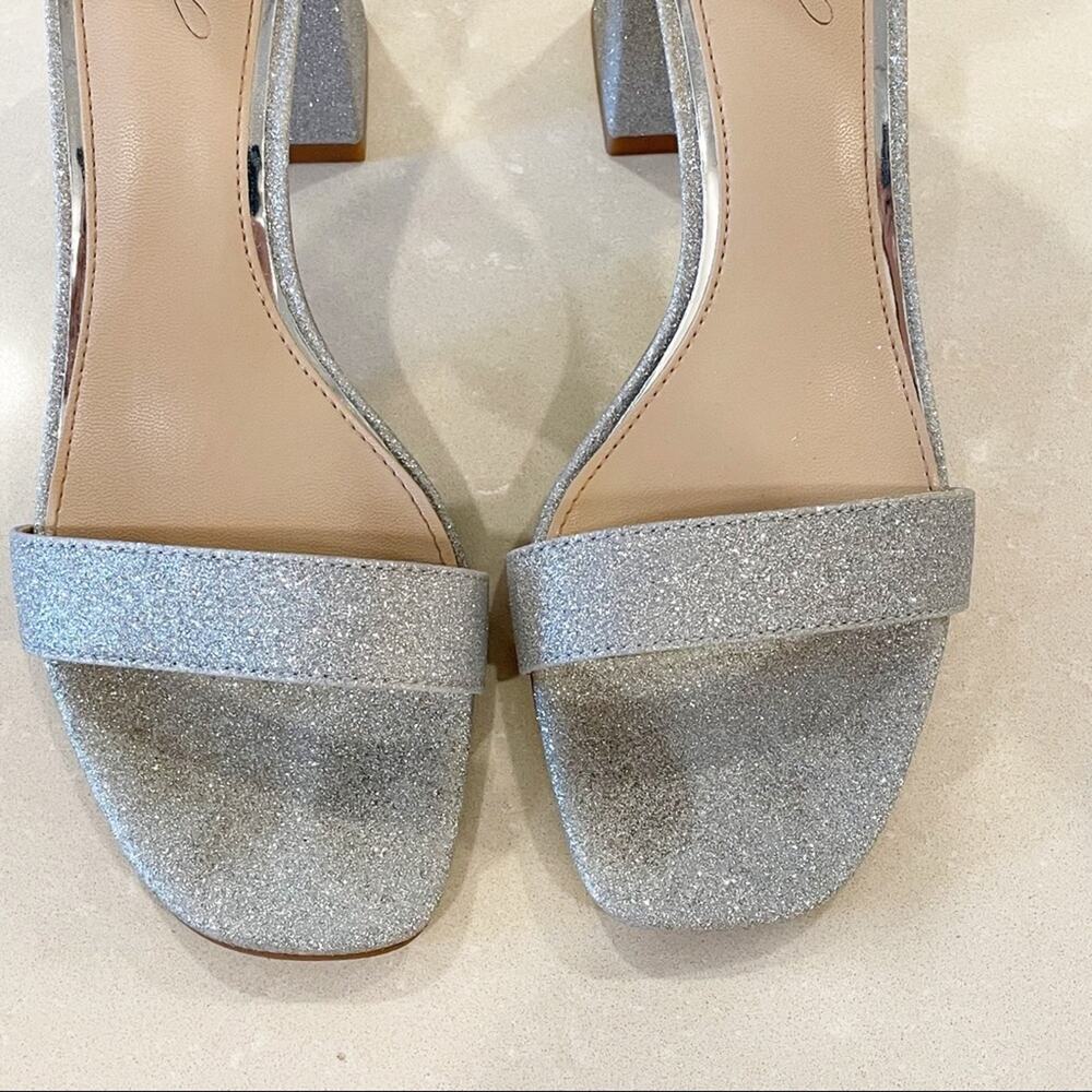 Jewel Badgley Mischka Fennella Rhinestone Silver Glitter Chunky Heel Sandals 8 - Picture 4 of 11